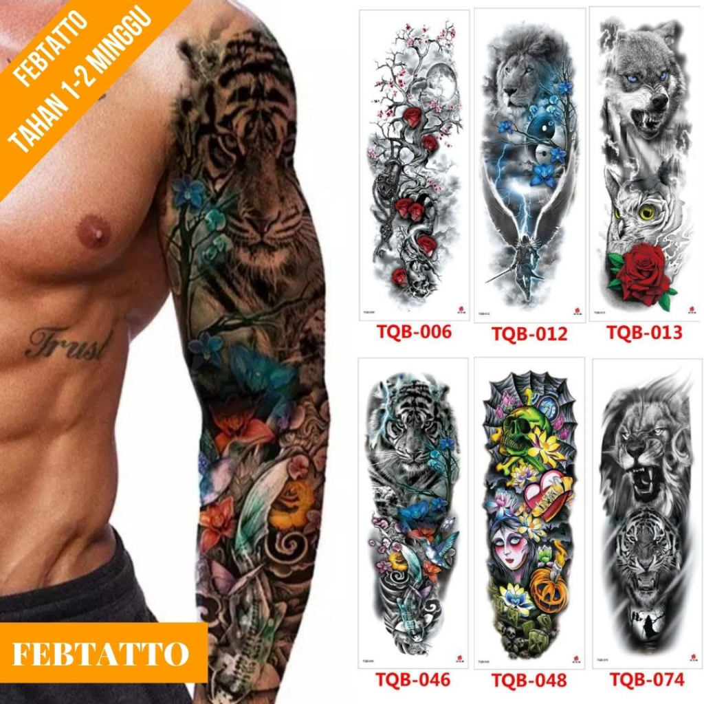 Tato Temporer Full Lengan Ukuran 17cm x 48cm Motif Harimau Bunga TQB 046 Tato Lengan Tato Dada Tato 