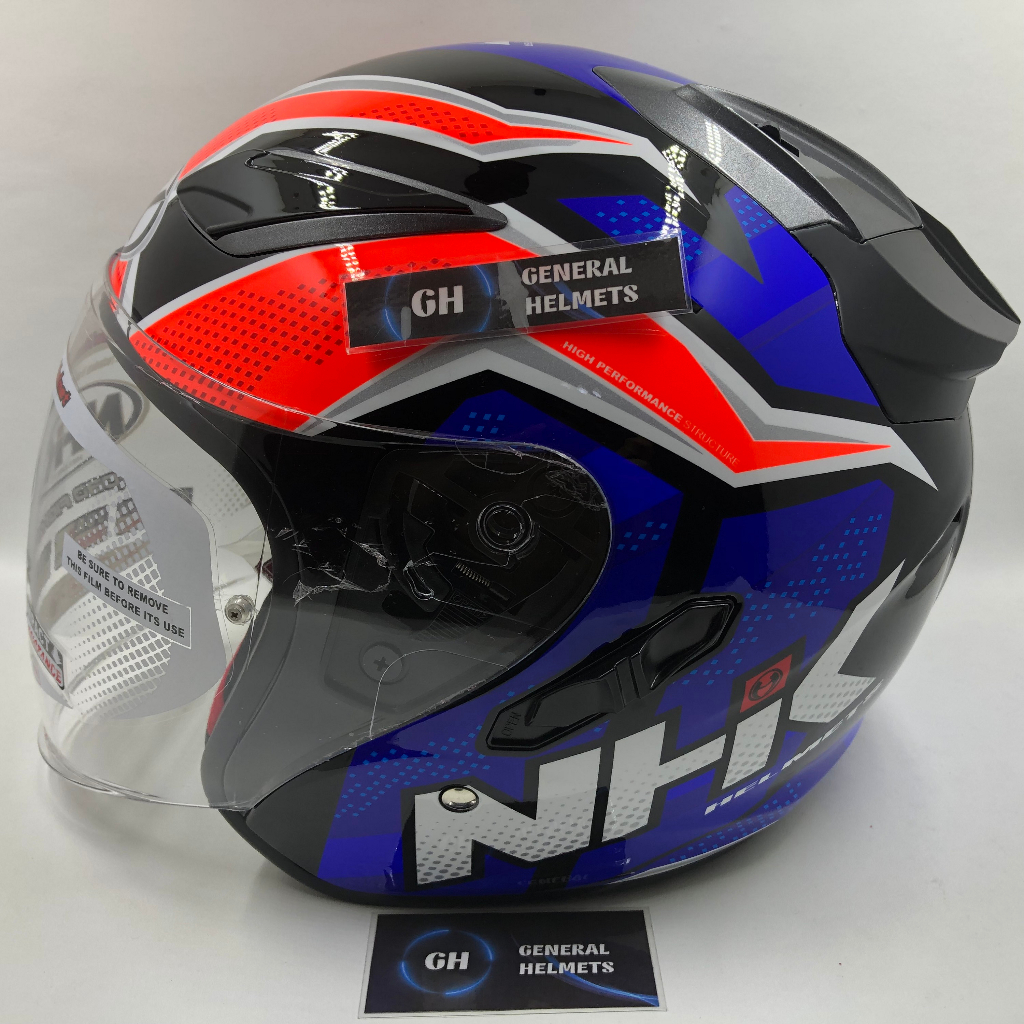 HELM NHK R1 MOTIF SUBJECT BLACK ORANGE BLUE DOUBLE VISOR HALF FACE