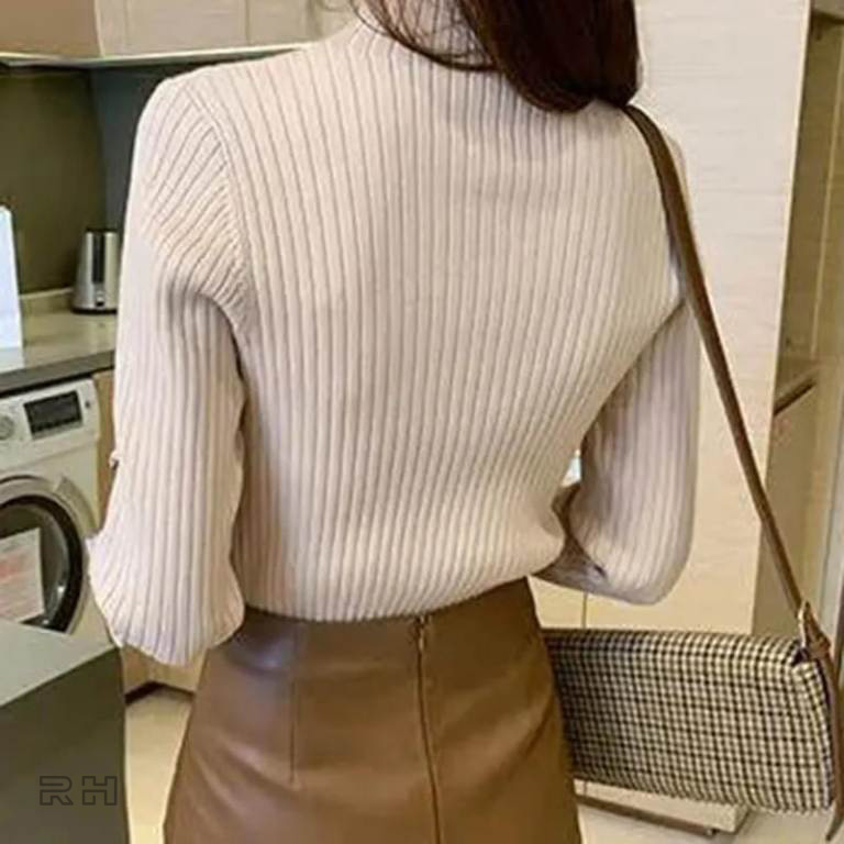 RHcollections - sweater rajut wanita kerah tinggi turtleneck switer rajutan cewek kerah panjang motif salur polos bordir love atasan spandek tebal