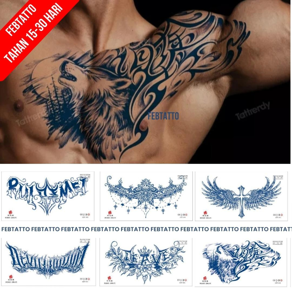 Tato Temporer Ukuran 28cm x 15cm Motif Srigala Tribal GZXT 038 Tato Lengan Tato Dada Tato Tangan Tat