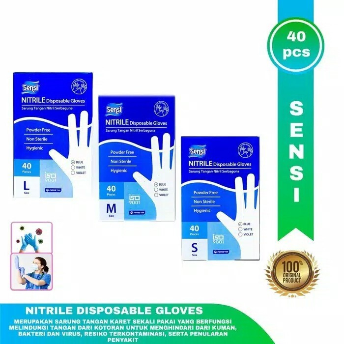 Sarung Tangan Karet Nitrile Sensi Glove Nitrile Blue Powder Free S,M,L