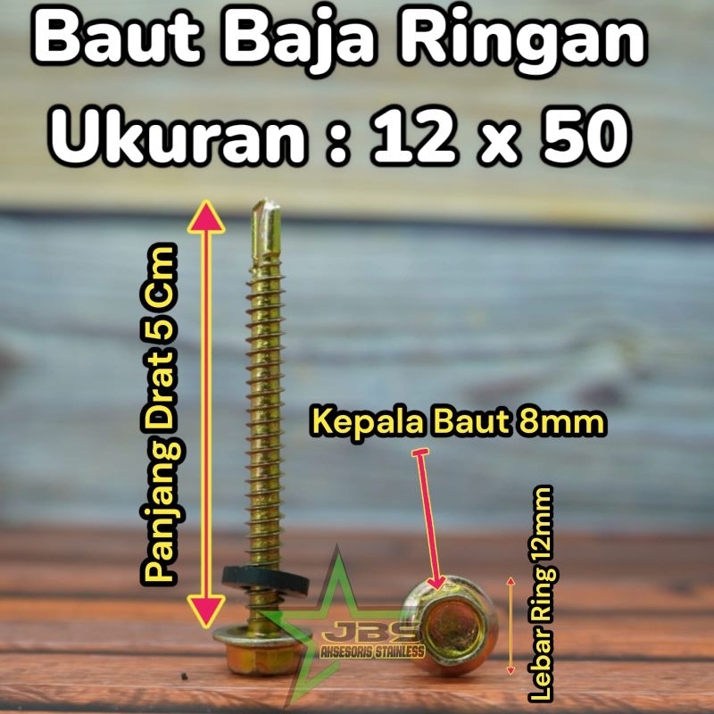 SEKRUP ROOFING KUNING/BAUT BAJA RINGAN (BDM) UK: #12×20/#12×40/#12×50 (HARGA/50PCS)