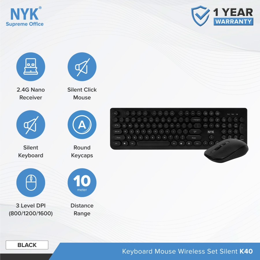 Keyboard mouse nyk supreme wireless 2.4ghz membrane 104 key fullsize optical 1600dpi silent k-40 k40