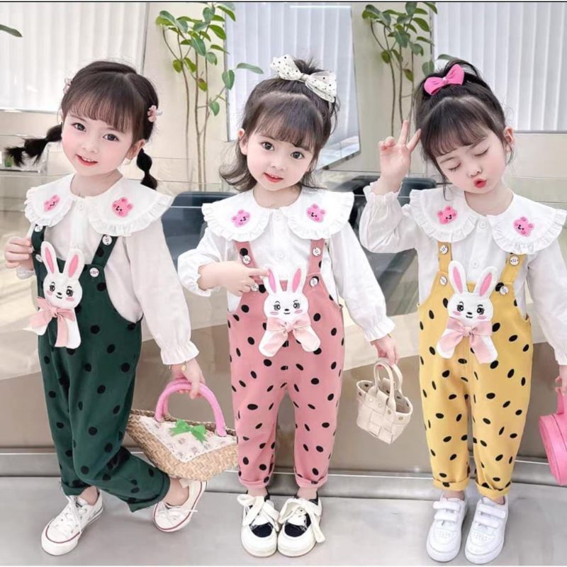 [1-5T] Setelan Set Anak Perempuan Overall Jumpsuit Panjang JEANS katun POLKADOT Mice rabbit / SETELAN OVERALL JUMPSUIT JEANS POLKADOT IMPORT