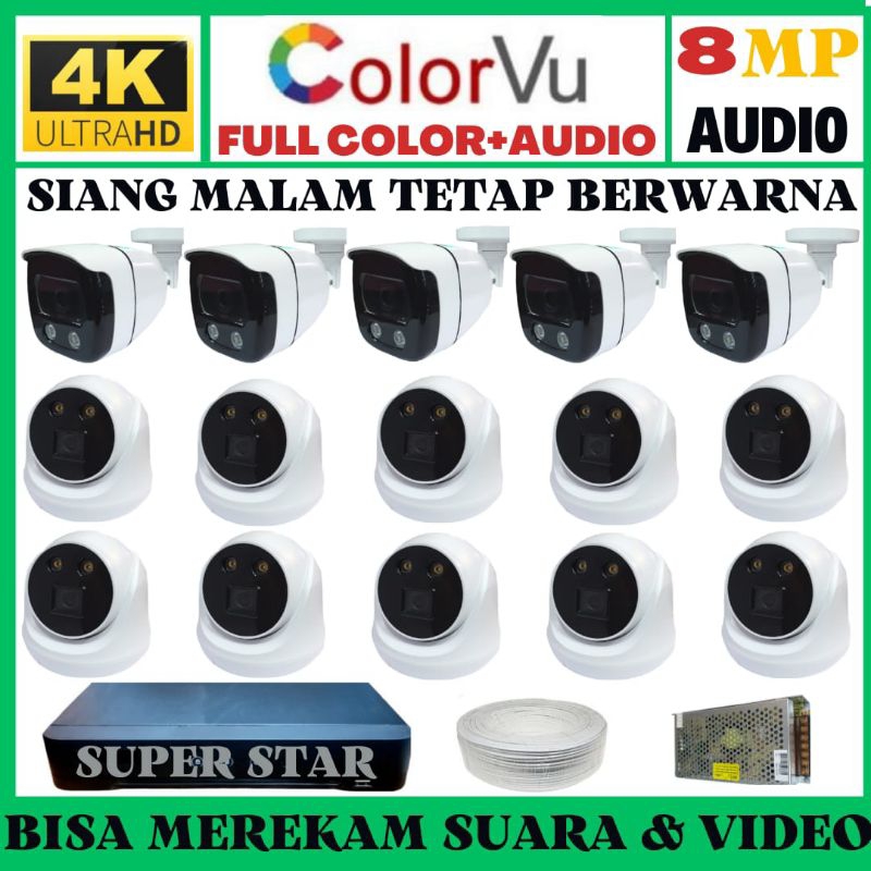 PAKET CCTV COLORVU 16 CHANNEL 15 KAMERA 8MP 4K ULTRA HD 2560P (AUDIO)