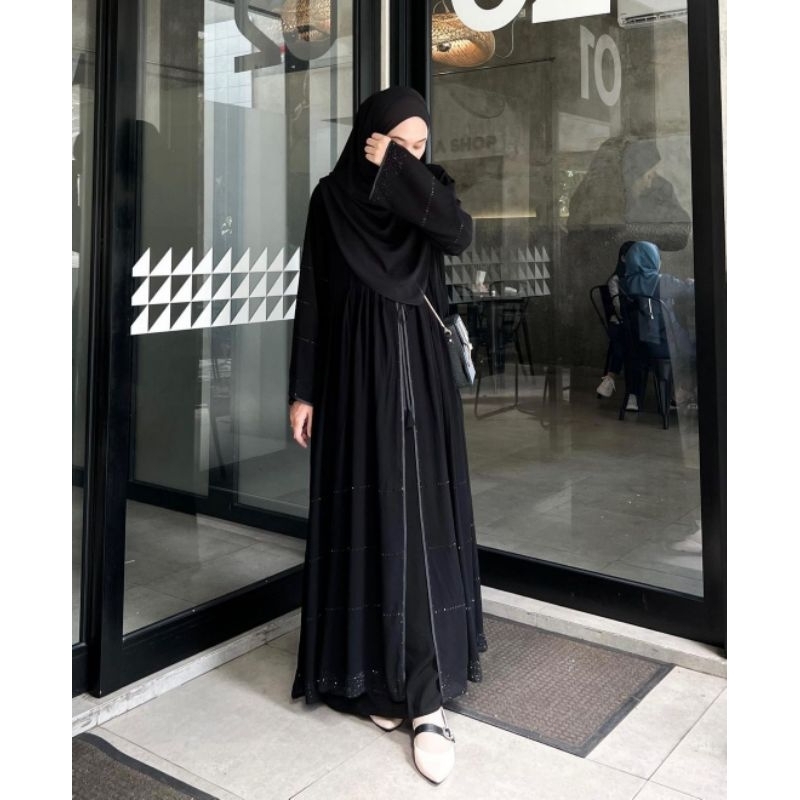 abaya gamis warna full hitam dubai turkey simple elegan mewah bahan jetblack adem kombinasi sifon pr