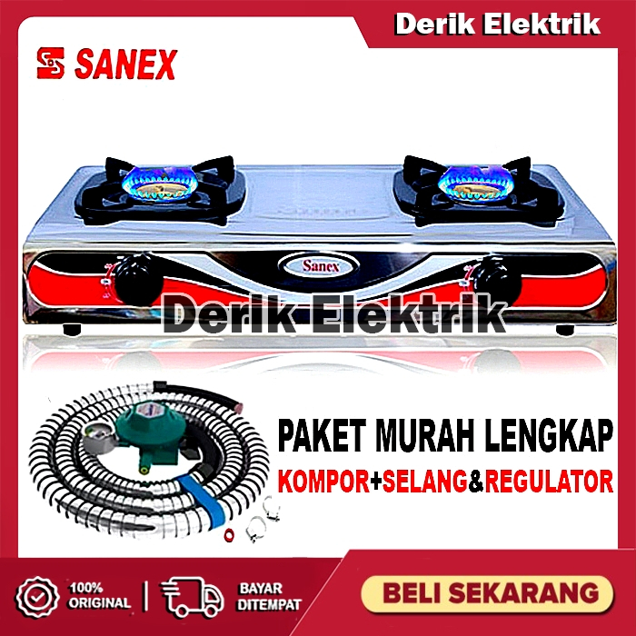 SANEX KOMPOR GAS 2 TUNGKU STAINLESS MURAH PAKET SELANG REGULATOR