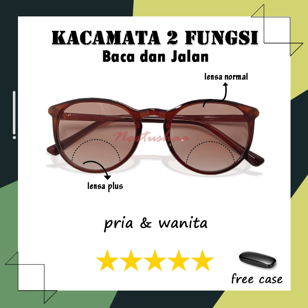 Kacamata Lensa 2 Fungsi (+) Baca dan Jalan Bingkai Warna Coklat Kacamata Double Lensa Gelap Coklat Plus  Uk. +1.00 s.d +3.00 Unisex FREECASE