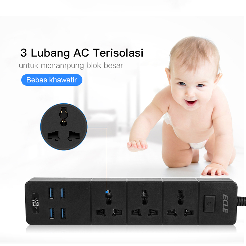 Power Strip Stop Kontak Colokan Listrik 4 USB Port +3 Lubang Socket +1 Tombol Power On Off 2.1A 2500W