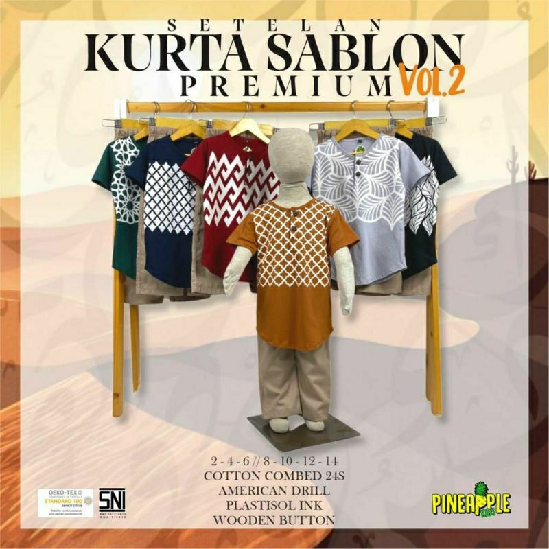 Setelan Kurta Sablon Premium Pineapple Kids Size 2- 14