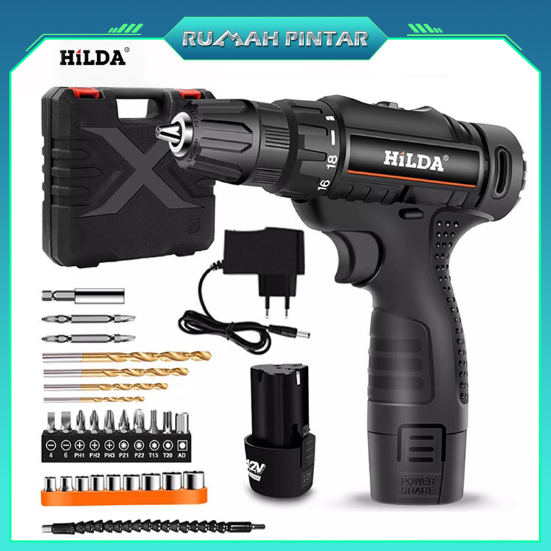 HILDA Bor Baterai Mesin Bor Listrik Tanpa Kabel Impact Drill Cordless Drill Koper 2 Baterai