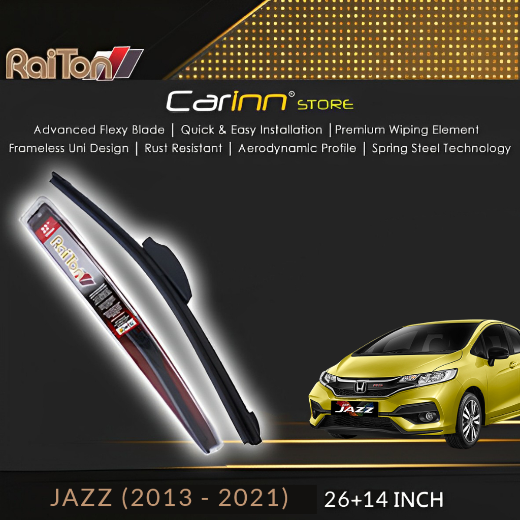 Raiton Sepasang Wiper Frameless Full Karet Kaca Depan Honda Jazz GK5 2013-2021 26" & 14" -2 Pcs