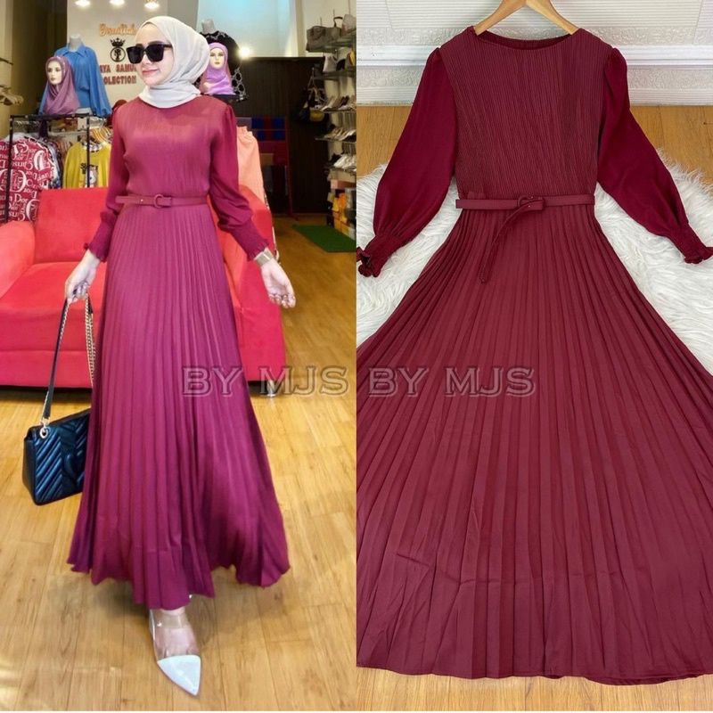 9094 (FreeBELT ) Baju maxidress longdress PLEATED PLISKET lengan panjang dres Korea Korean style wan
