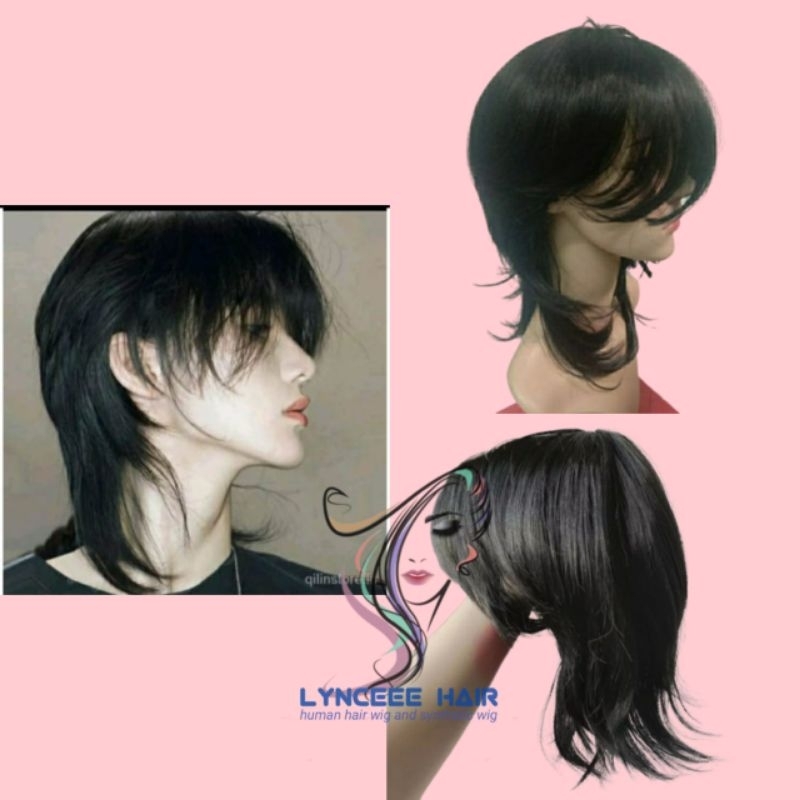 Wig Premium Pria Mullet Panjang Natural Rambut Palsu Cowok Gondrong Mulet Laki Laki Belakang Kuncir 