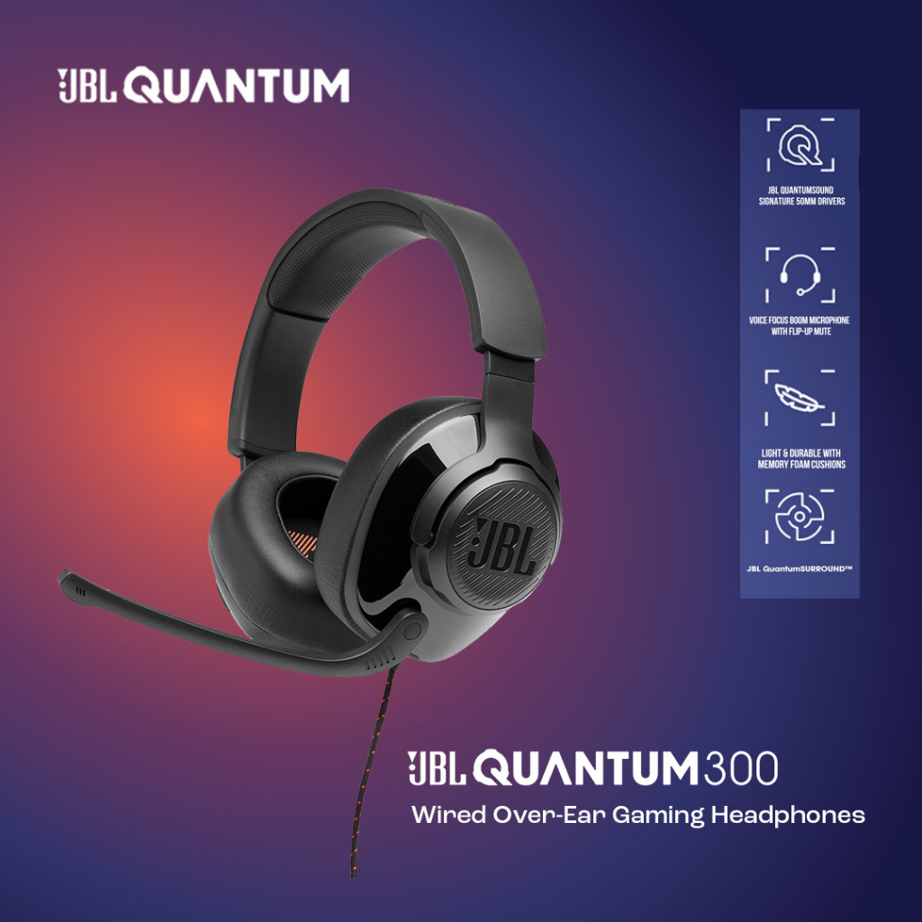 JBL Quantum 300 Hybrid Wired Over-Ear Gaming Headset with Flip-up Mic - Garansi Resmi