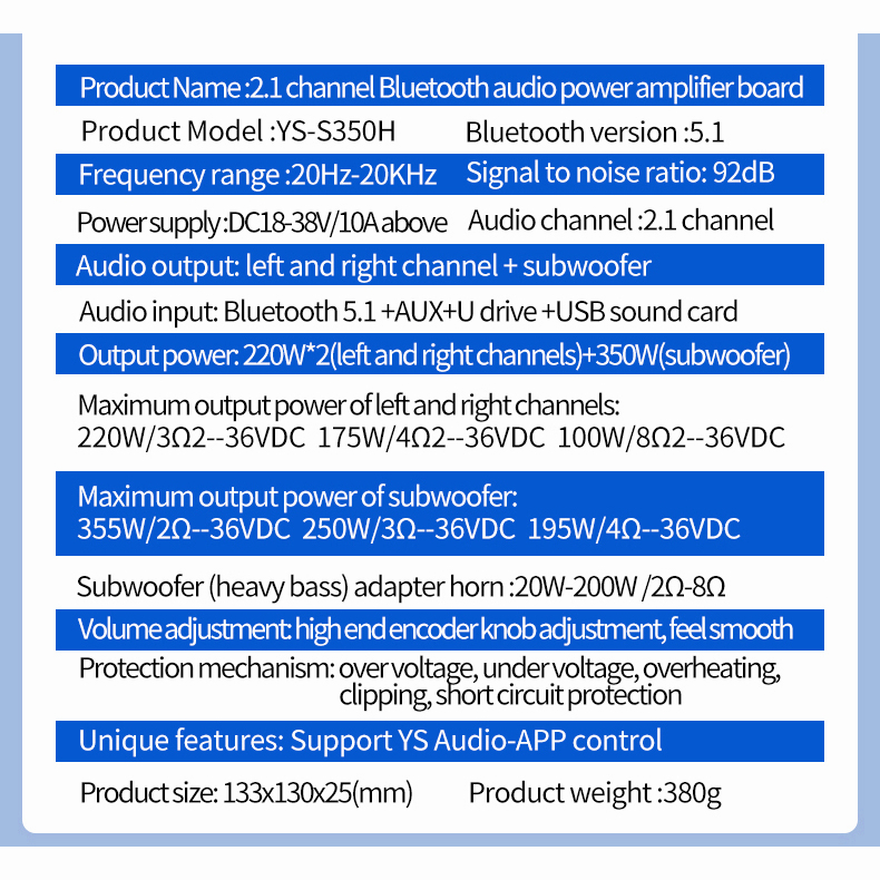 【 YS-S350H】Dengan APP Digital Power Amplifier Board Modul 220W * 2 350W Subwoofer Card 2.1 Channel Stereo Sound