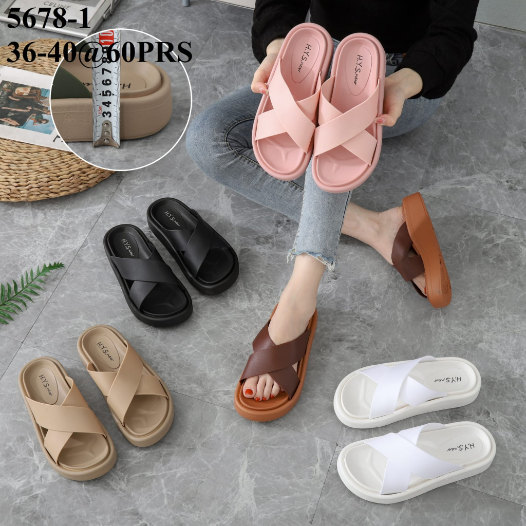 Sendal Wanita Slop HYS NEW 5678 1 Sandal Slop Wanita Motif Polos Tali Silang Wedges Tinggi 5 Cm Anti Slip 100% Original Import Awet Empuk