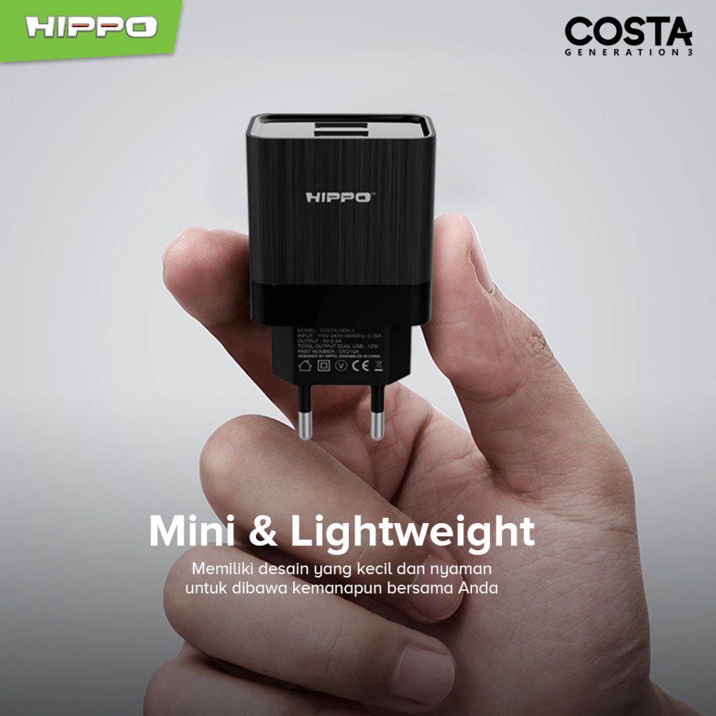 Hippo Adaptor Costa 3 2.4A 2 Port SDC USB Adapter Kepala Casan Colokan Charger Charging Rumah Type C Iphone Micro Travel Dual Port Output USB A USB C