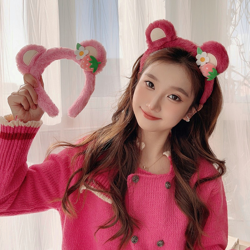 COD❤️Bando Lotso Karakter Telinga Bear Lucu Korea Beruang Stroberi Headband Bandana Ikat Kepala Mewah Cuci Muka Wanita Hiasan Kepala Jepit Rambut