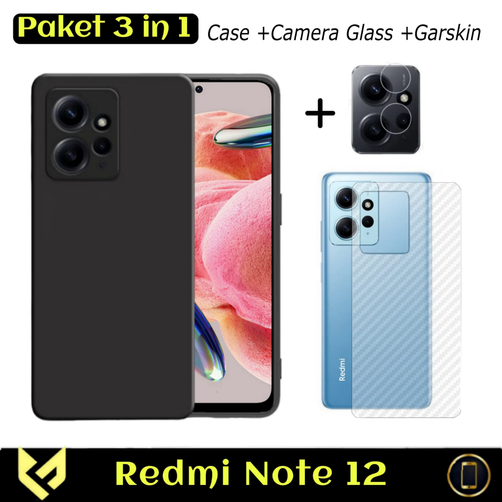 PROMO Paket 3IN1 Case Black For REDMI NOTE 12 4G / REDMI NOTE 12 PRO 5G  SoftCase Premium Black Free Tempered Glass Camera &amp; Garskin - FIDS STOR