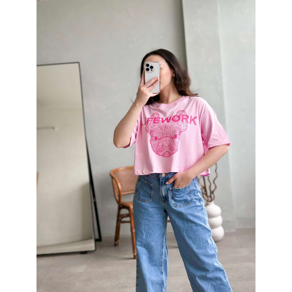 INFINITEE Kaos Croptop Wanita Lengan Pendek Warna Pink