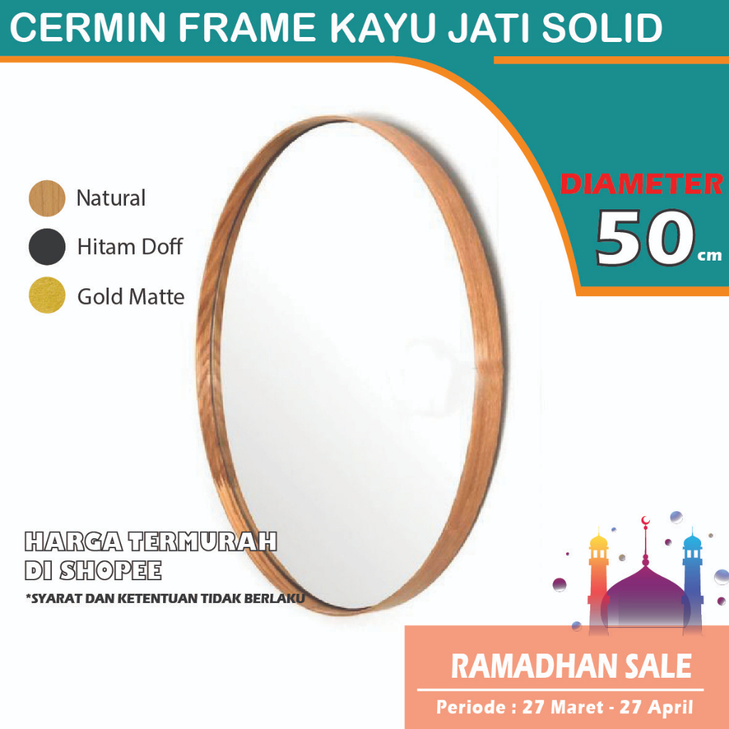 Cermin Bulat Diameter 50cm bahan Kayu Jati Untuk Hiasan dinding Aesthetic dan Dekorasi