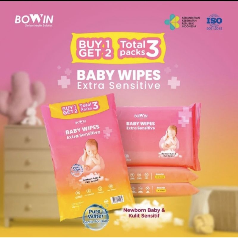 Bowin Tissue Basah PureWater Newborn &amp; Extra sensitive (1 Bag = 3 Pack)