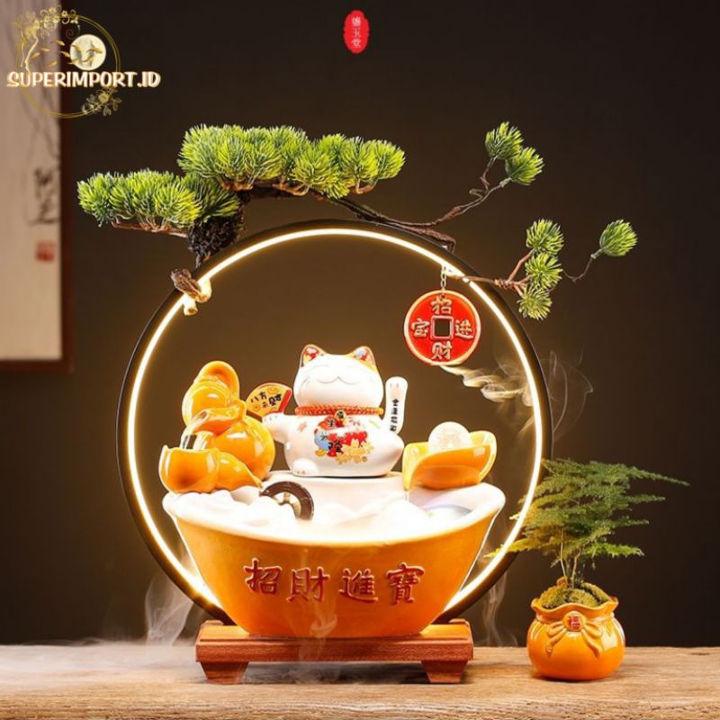 Fountain LED Kucing Hoki Manekineko Air Mancur Atomizer Dupa Asap Balik Fengshui Hoki Keberuntungan 