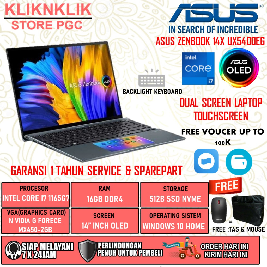 LAPTOP ASUS ZENBOOK 14X UX5400EG INTEL CORE I7 1165G7 RAM 16GB 512GB SSD WQXGA OLED MX450 TOUCH BL WIN11PRO PINE GREY