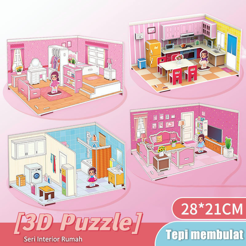 3D Puzzle Mainan Edukasi Anak Perempuan Laki Seri Interior Rumah Besar DIY Hadiah
