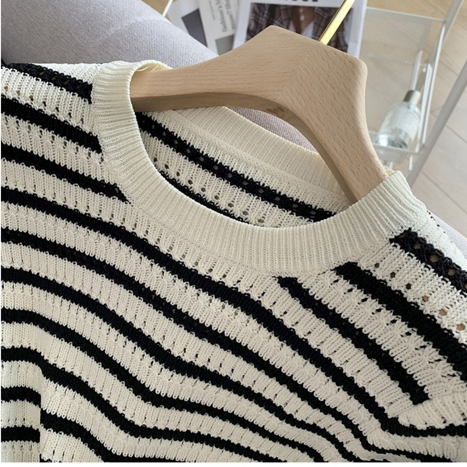 Korean Style Knit Crop Top Striped T-shirt Kaos Lengan Pendek Wanita Import Atasan Raju