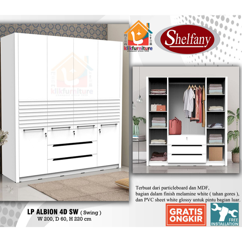 Size XL Lemari Pakaian Minimalis Putih 4 Pintu ALBION 4D