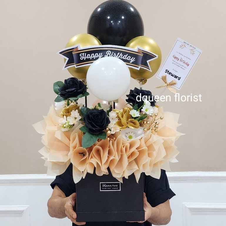 BUNGA BOX ARTIFICIAL FLOWER ULANG TAHUN BIRTHDAY BALON BUKET