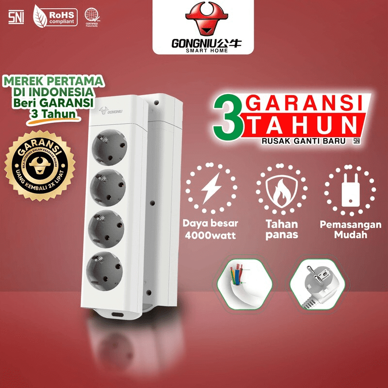 GONGNIU Stop Kontak 4000Watt 4 Lubang Grounding Tanpa Kabel  Pasang Sendiri Produk Elektronik Watt B