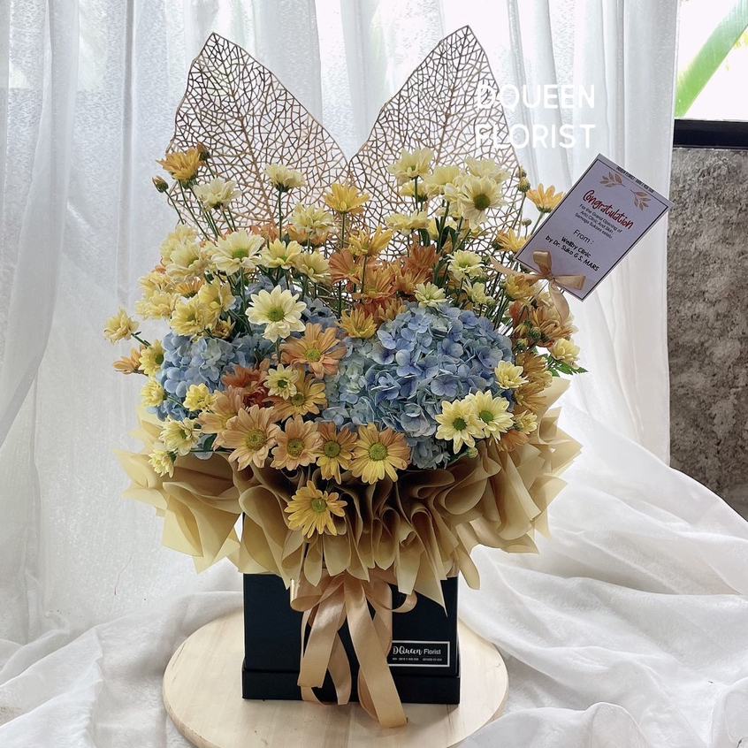 DQueen Florist Bunga Box Fresh Gift Flower Box Custom Bunga Buket Bucket Bulat Kotak Hantaran Ulang Tahun