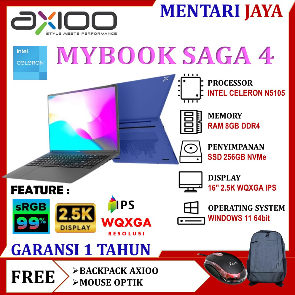 Laptop Baru Murah Axioo MyBook SAGA 4 N5105 8GB 256GB SSD 16 IPs Win11Home Siap Pakai