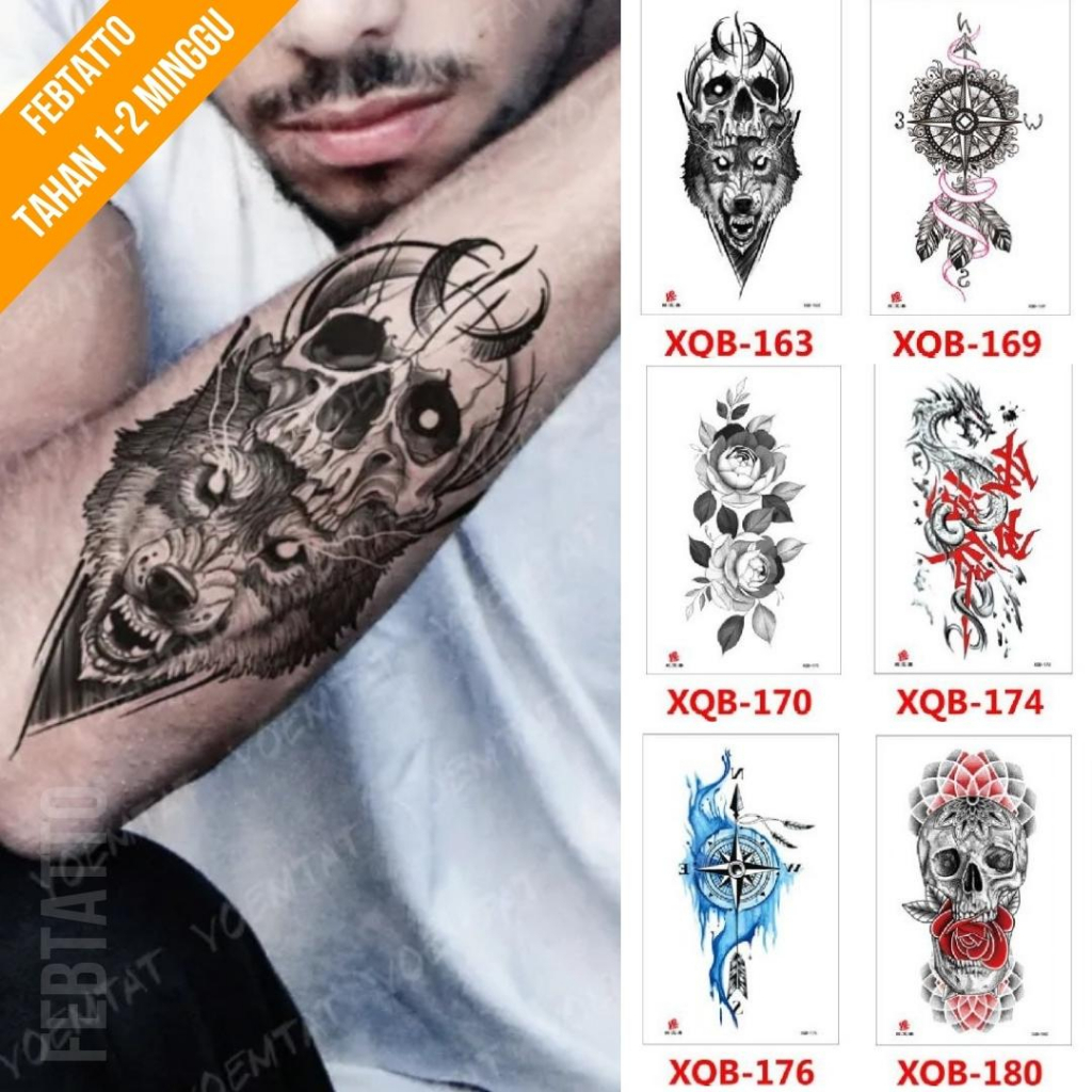 Tato Temporer Ukuran 21cmx11cm Tato Lengan Tato Dada Tato tangan Tato Kaki Tato Punggung Tato Jari  Motif Aesthetic Tatto Temporary Stiker Tato Halal Grosir Tato air motif serigala, kompas, bunga, naga, tengkorak XQB 163