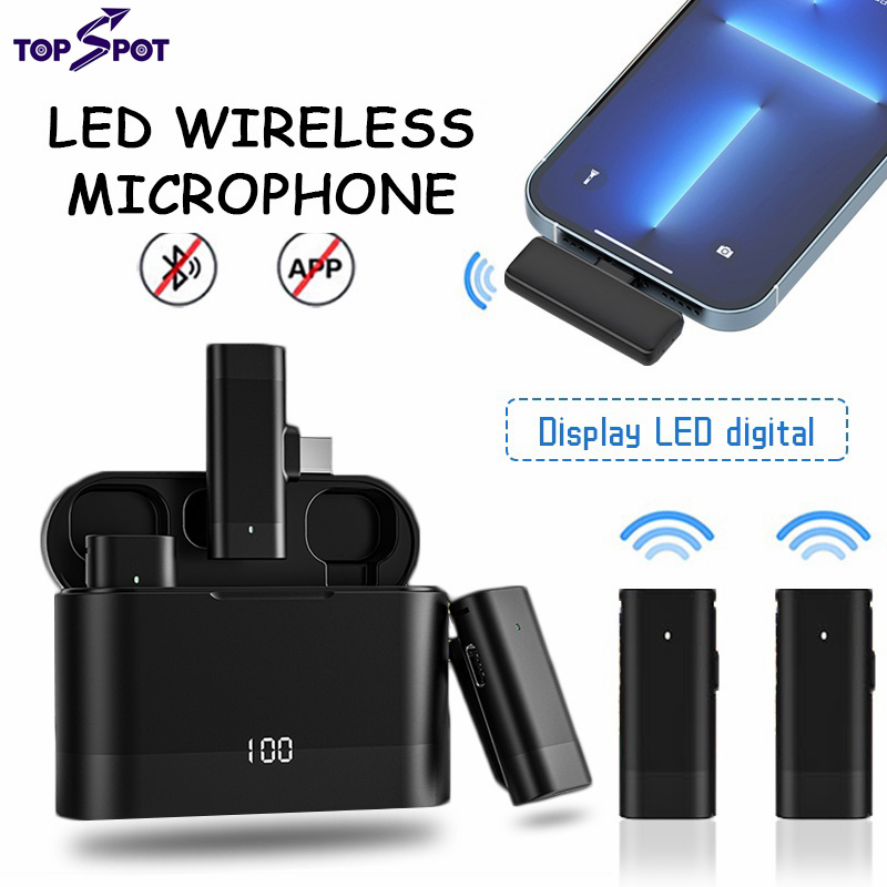 Topspot Nirkabel Dual Mikrofon Pengurangan Kebisingan Digital Display Wireless 2 Microphone Youtuber Vlog with Charging Case Clip on Mic Hp Wireless Mic