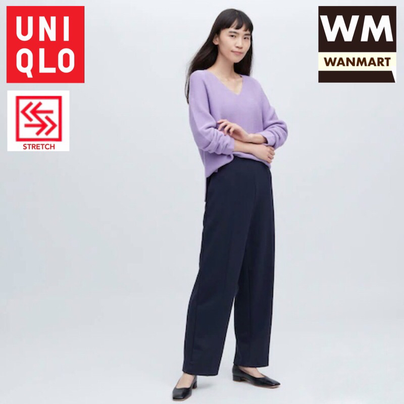 UNIQLO Women Celana Panjang Wanita Stretch Double Face Straight Navy