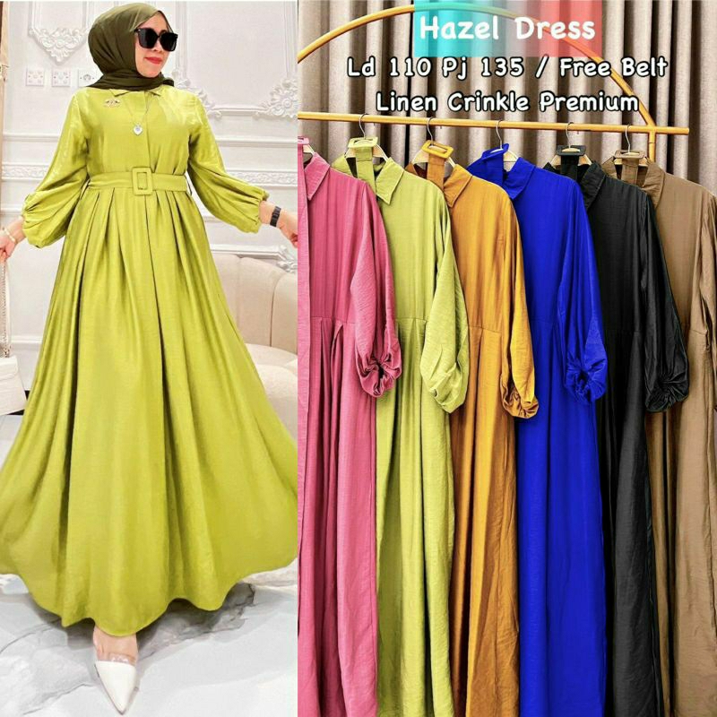 Hazel Dress, GAMIS MUSLIM CANTIK POLOS MODIS FIT XL LD 106 BAHAN LINEN CRINKLE PREMIUM KANCING BUSUI TERMURAH TERLARIS OOTD