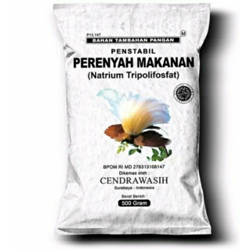 

PERENYAH BAKSO Cap CENDRAWASIH 500gr / PERENYAH MAKANAN CENDRAWASIH 500gr / Natrium Tripolifosfat / Bahan Tambahan Pangan / Penstabil Perenyah Makanan