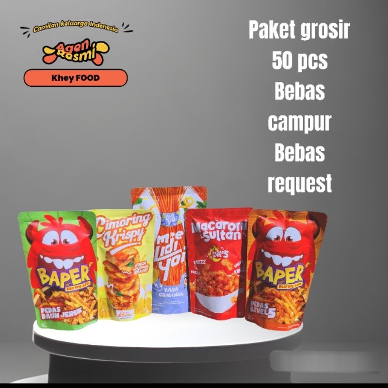 

Paket 50 pcs Campur Mie Lidi Yoi / Macaroni Sultan / Cimoring Krispy / Basreng Baper Bebas Request