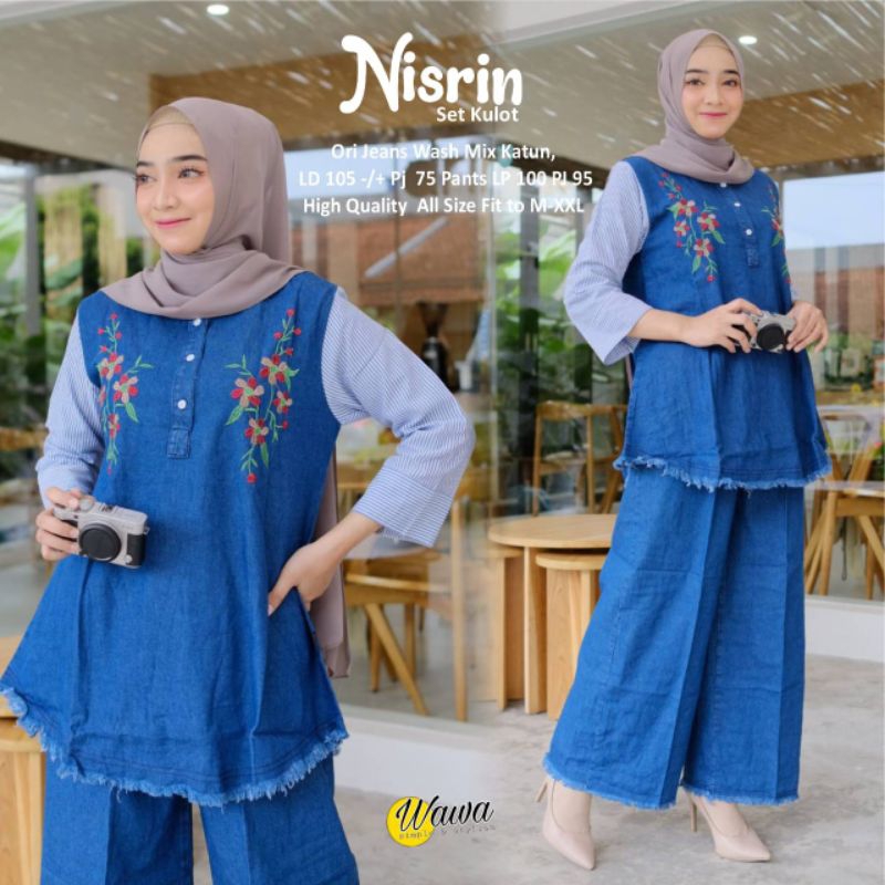 One Set setelan kulot Jeans denim bordir wanita