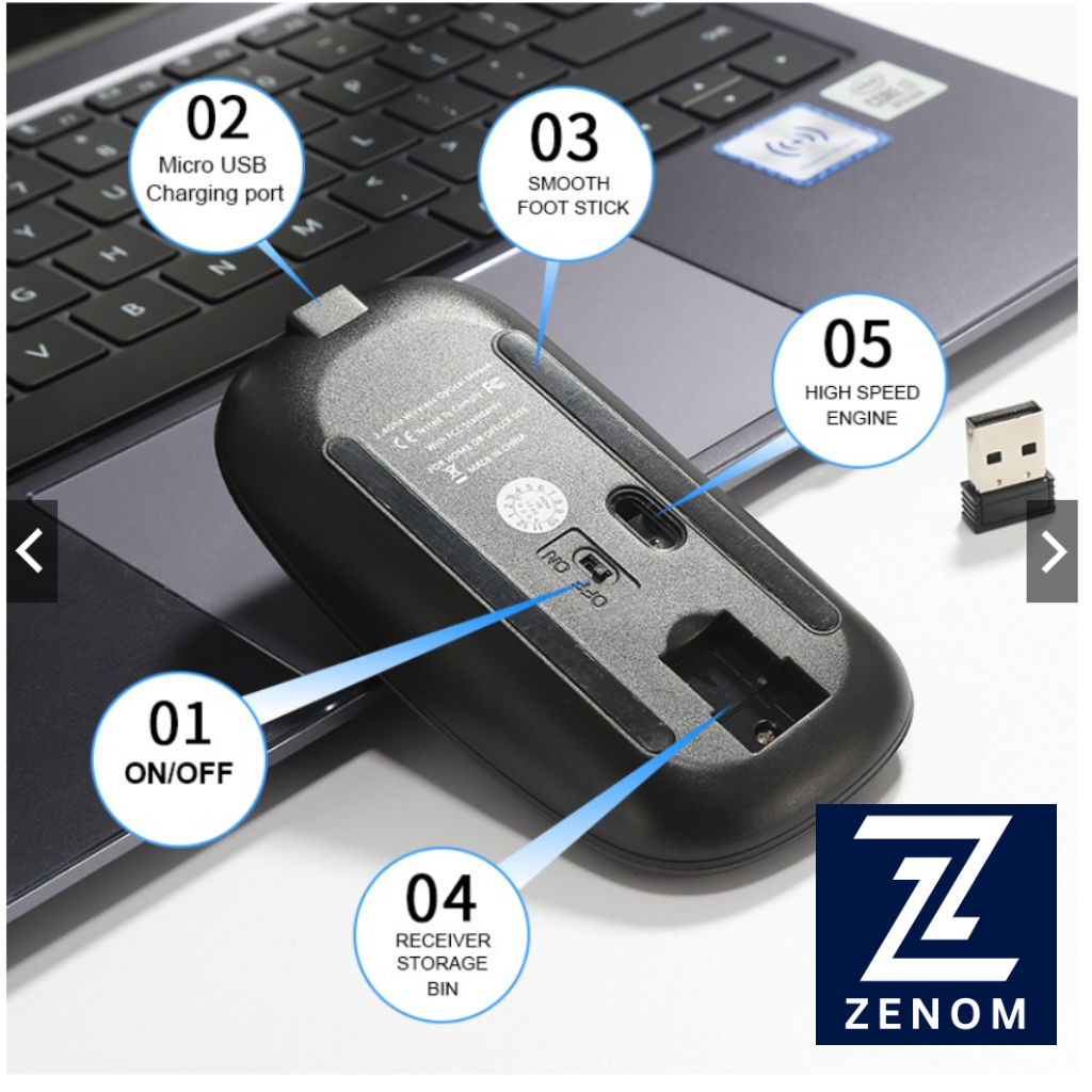 Mouse Wireless ZENOM Lite Rechargeablem Silent Click 2.4Ghz 1600 DPI dengan Receiver USB untuk PC Laptop