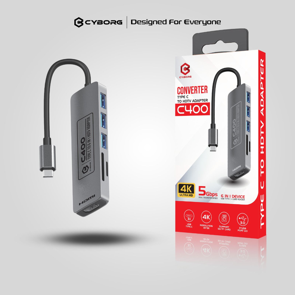 Converter 6in1 Cyborg C400 Type-c to HDMI + Card Reader &amp; USB 3.0