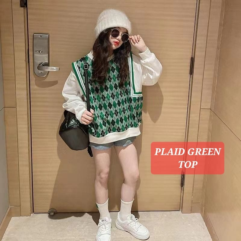 PLAID GREEN TOP BAJU ATASAN ANAK PEREMPUAN FASHION KOREA KPOP IMPORT