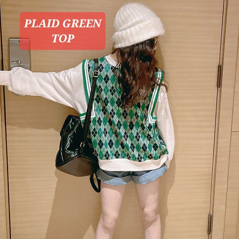 PLAID GREEN TOP BAJU ATASAN ANAK PEREMPUAN FASHION KOREA KPOP IMPORT