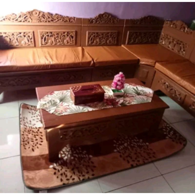 Busa duduk oscar kulit sintetis kursi sudut kayu jati bantal sofa