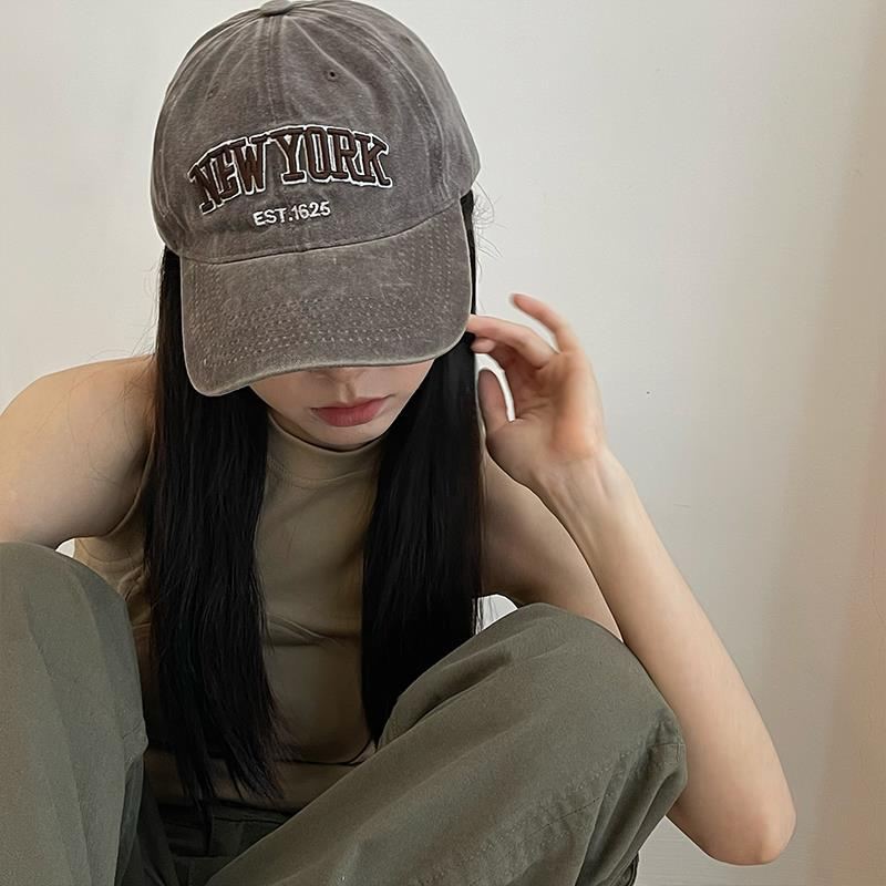 Topi Baseball Dicuci Old Street American Retro Cap Huruf Bordir Perempuan Liar Di Wajah Topi Bisbol Kecil Sport Korea Topi Baseball Pria/Wanita Hat