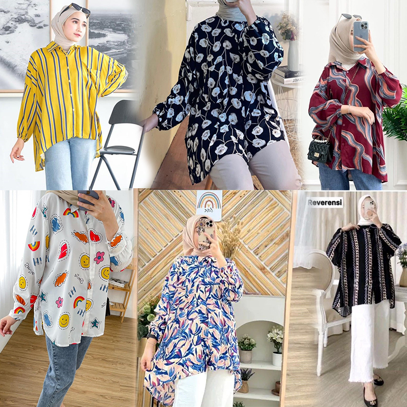 Kemeja Oversize Rayon Viscos Motif Adem Atasan Wanita Jumbo Full Kancing OOTD Wanita Terlaris